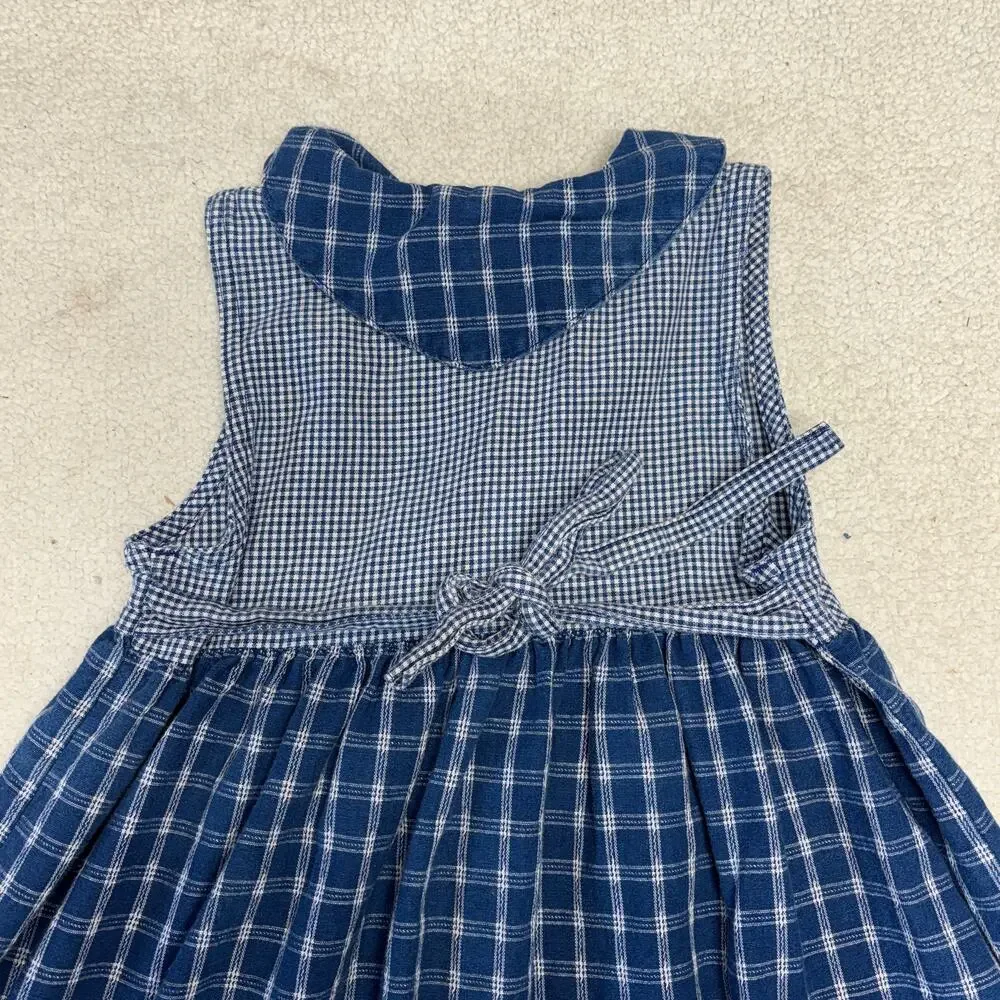 Vintage OshKosh B'Gosh Dress Girls 6X Blue Plaid Gingham Cherry Jumper Made USA